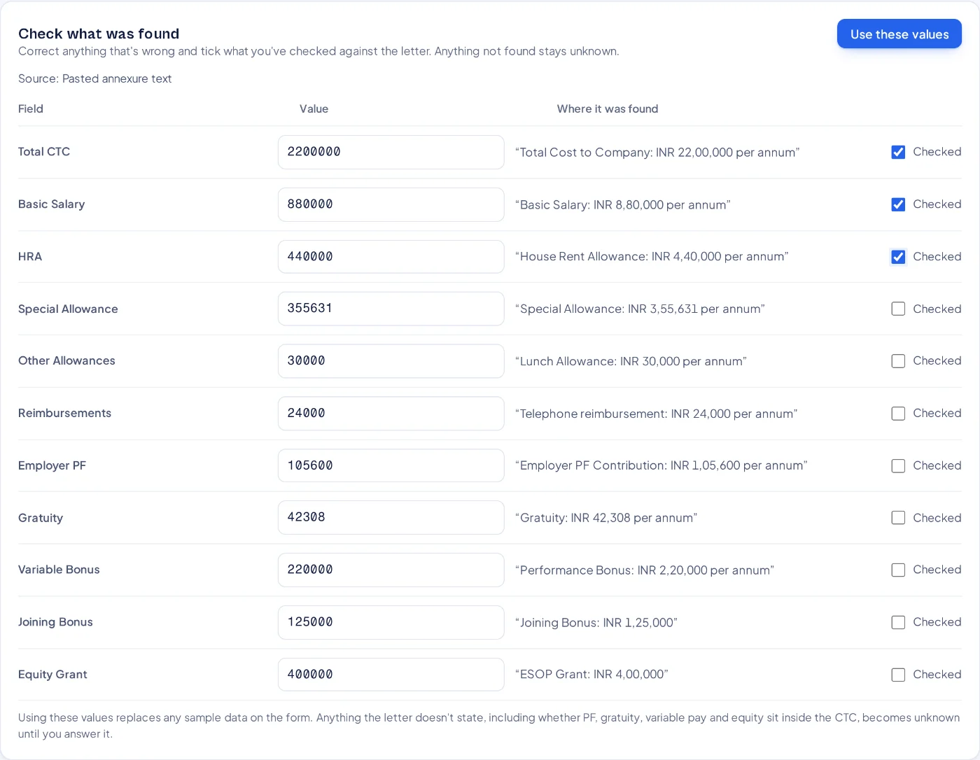The offer-letter reader listing each value it found, from total CTC to joining bonus, next to the exact line in the letter, with tick boxes to confirm each one